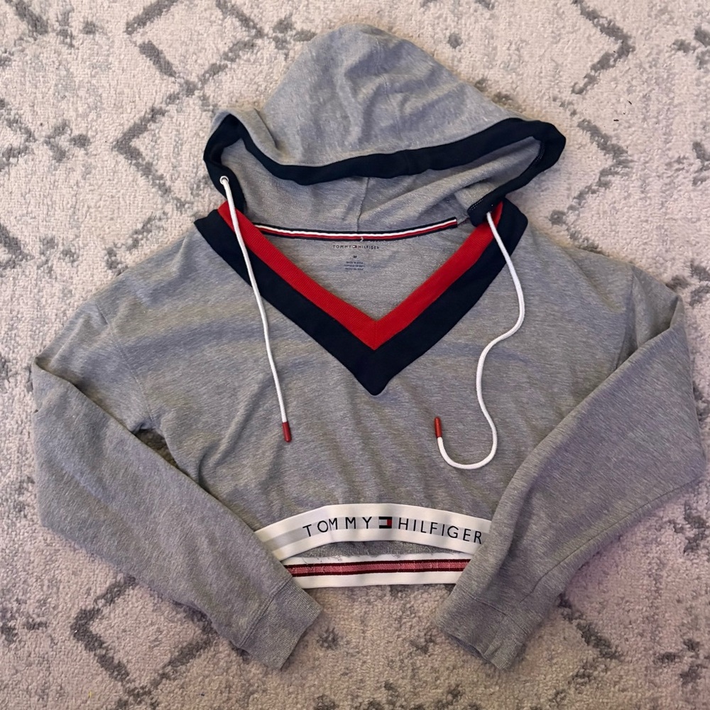 Tommy Hilfiger Cropped Hoodie Gray V Neck Stripe Logo Band Medium